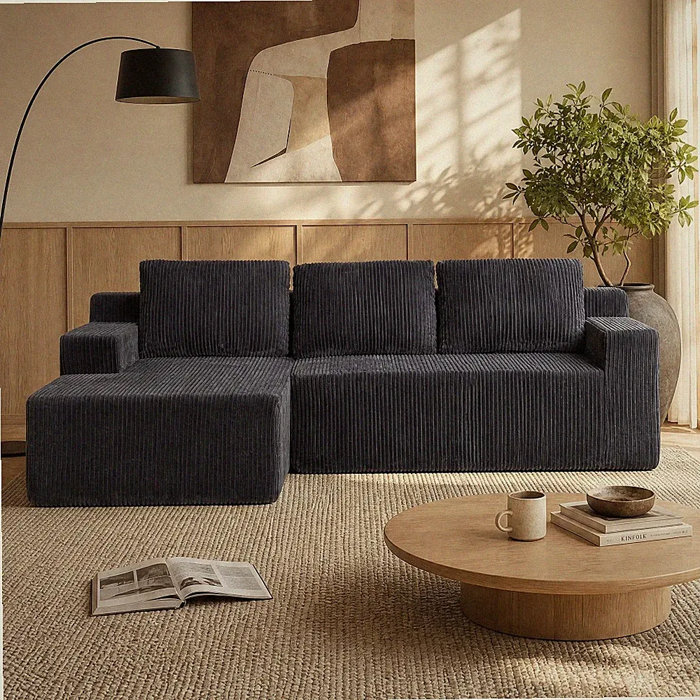 96" Corduroy Modular Sectional Sofa L-Shape Couch No Assembly Left Chaise, Gray
