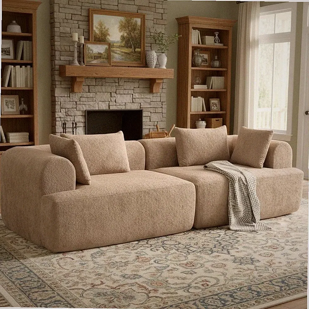 96" Foam Sectional Sofa w/ 2-Piece Modular & Bouclé Fabric, Pillows