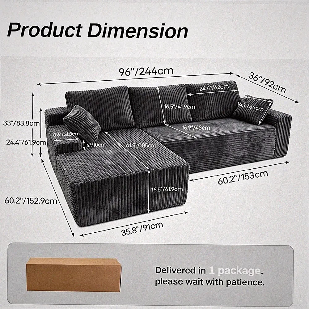 96"Frameless Boneless Soft Sofa,Cloud Sectional Couch With L-Shaped Chaise Gray