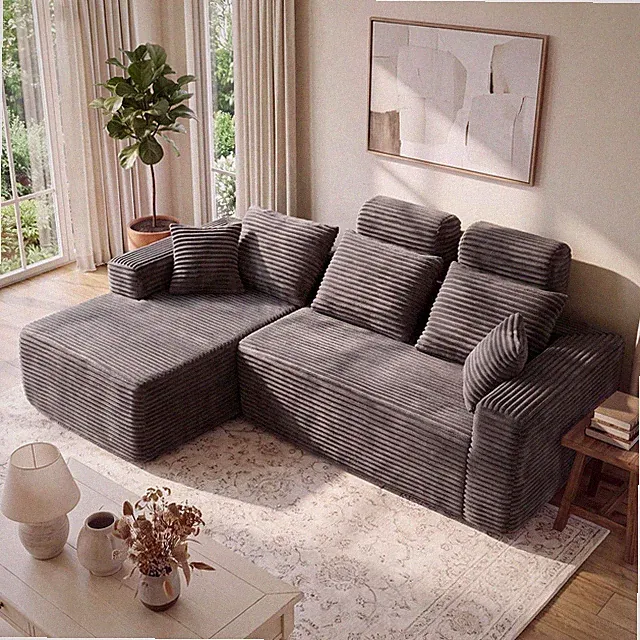 96" Grey L Shaped Sofa Couch High Back Support Chaise Lounge No Assembly