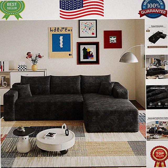 96” L-Shape Modular Sectional Sofa - Luxury Memory Foam & Corduroy - No Assembly