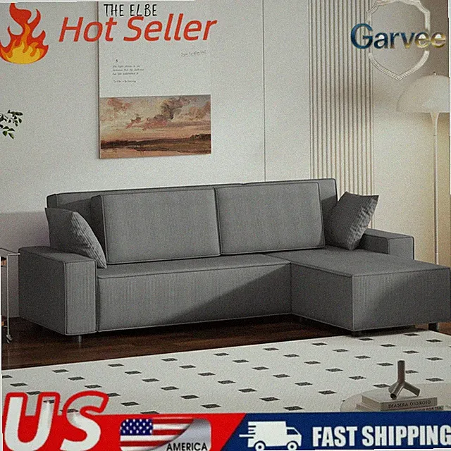 96" L Shaped Cloud Couch Stripe Corduroy Deep Seat Sofa Movable Ottoman