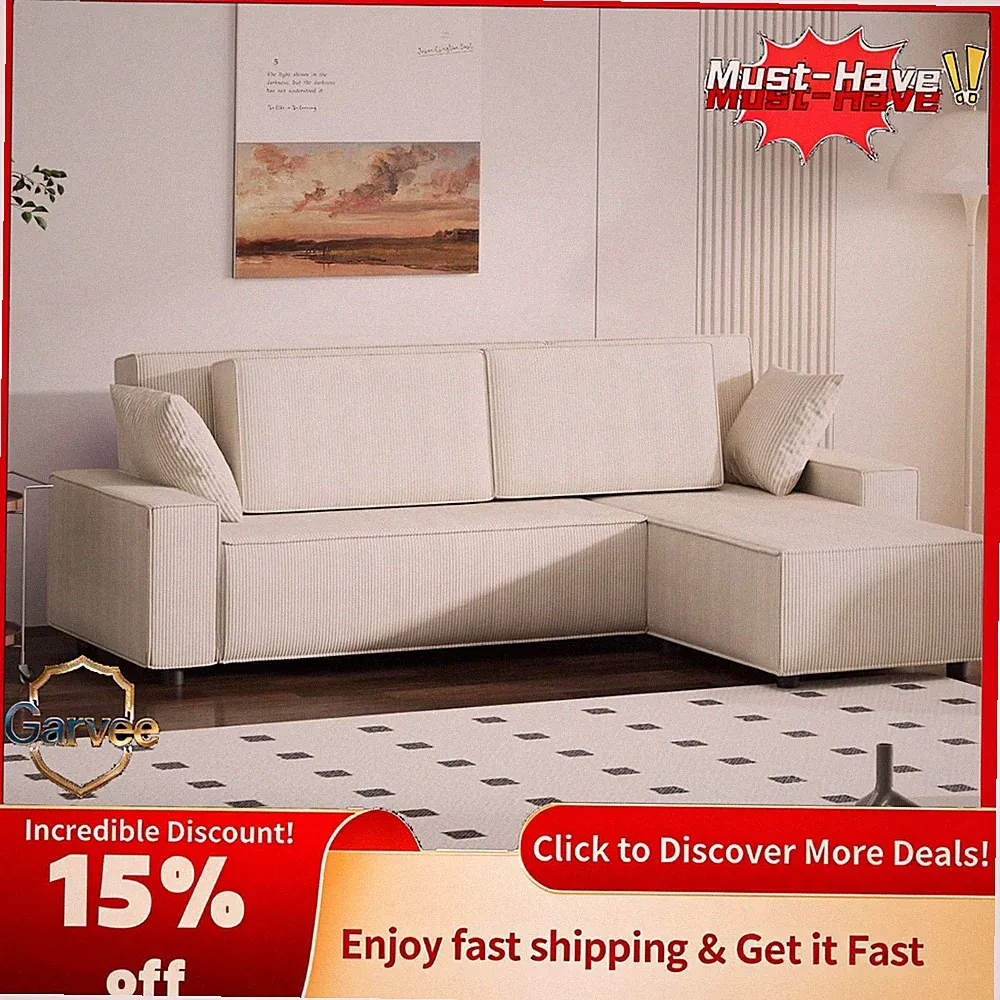 96" L Shaped Corduroy Deep Seat Cloud Couch Sectional Movable Ottoman