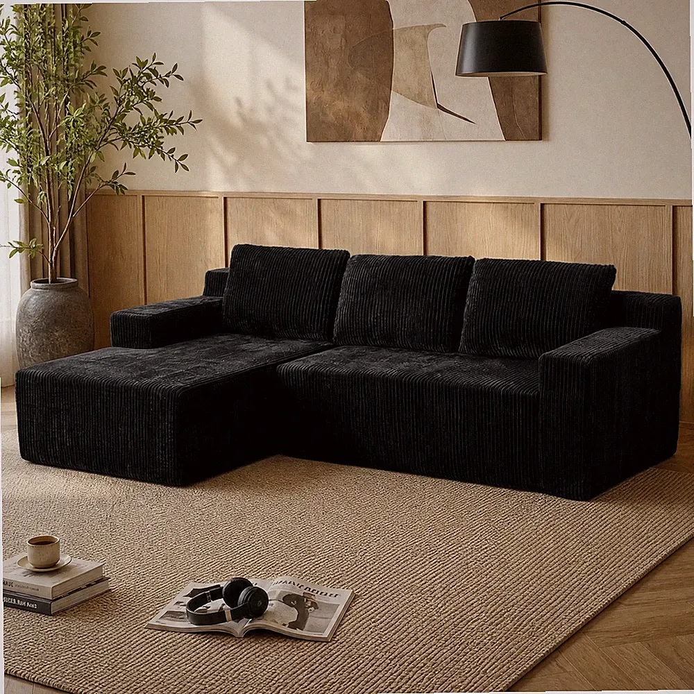 96" L-Shaped Sectional Sofa Boneless Cloud Sofa Couch with Left Chaise, Black