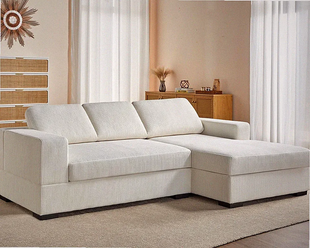 96" L-Shaped Sectional Sofa Chaise Wood Frame Corduroy White Right Facing