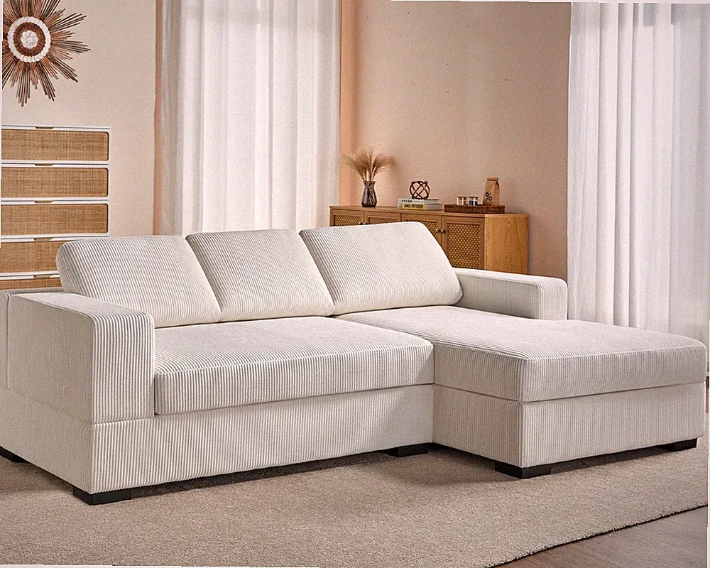 96" L-Shaped Sectional Sofa Chaise Wood Frame Corduroy White Right Facing
