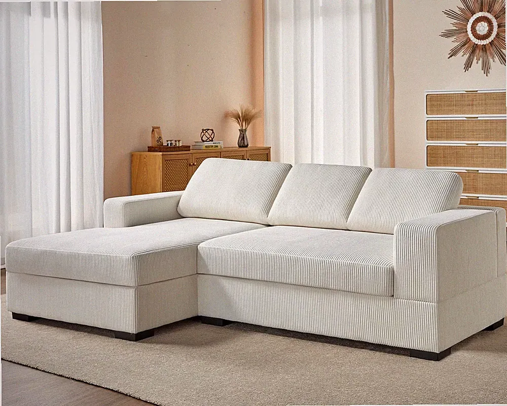 96 L-Shaped Sectional Sofa Chaise Wood Frame Spring Corduroy Living Left White