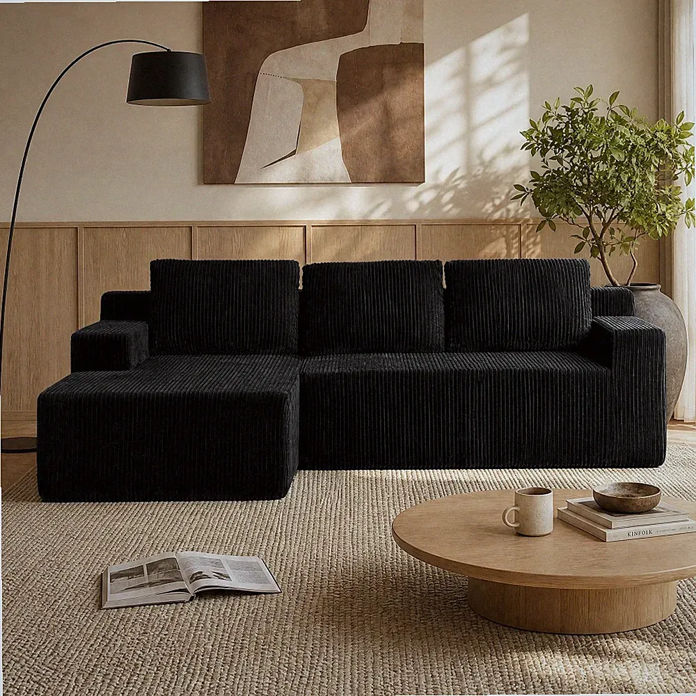 96" L-Shaped Sectional Sofa Corduroy Modular Cloud Couch No Assembly Boneless