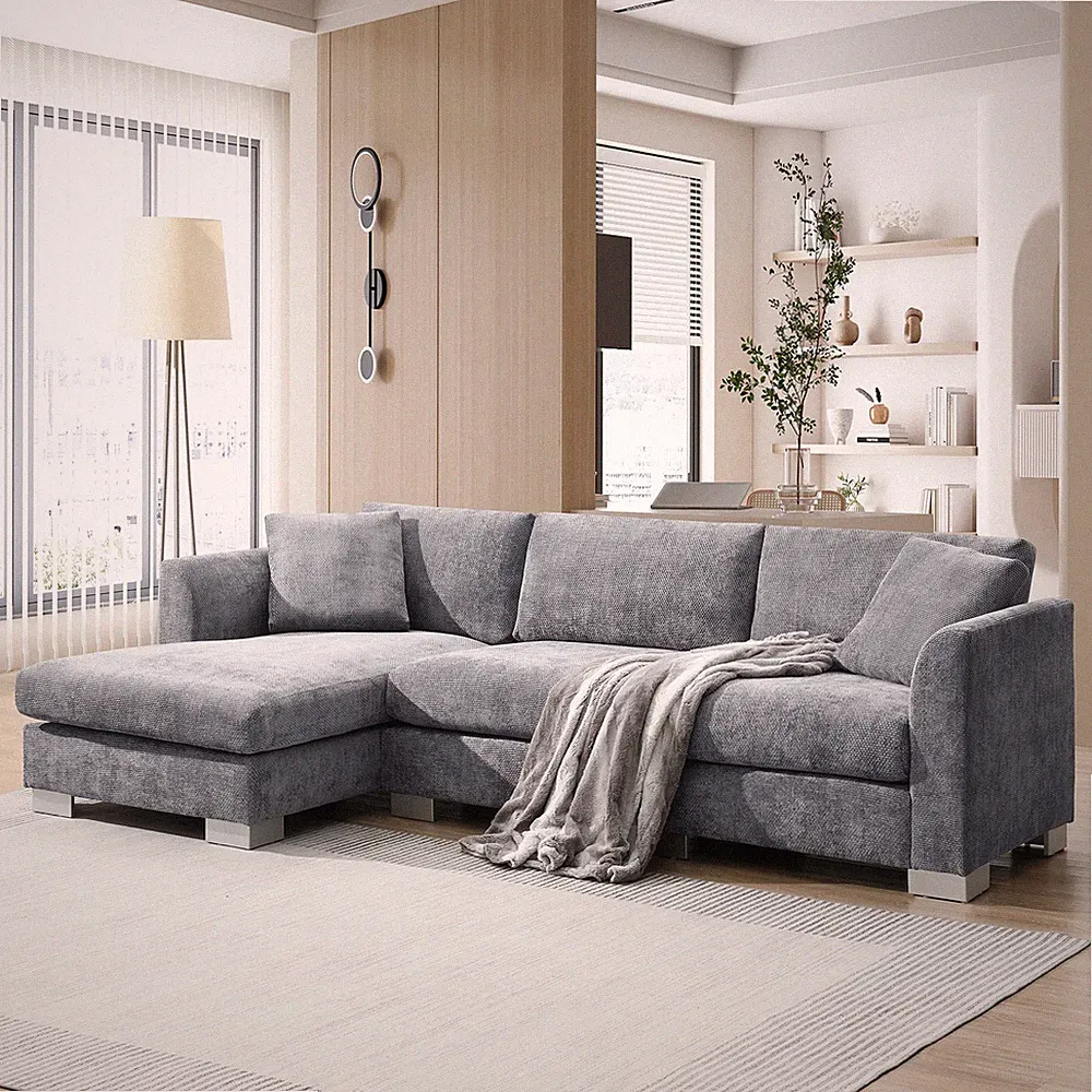 96" L-Shaped Sectional Sofa with Chaise, Chenille Fabric, Gray