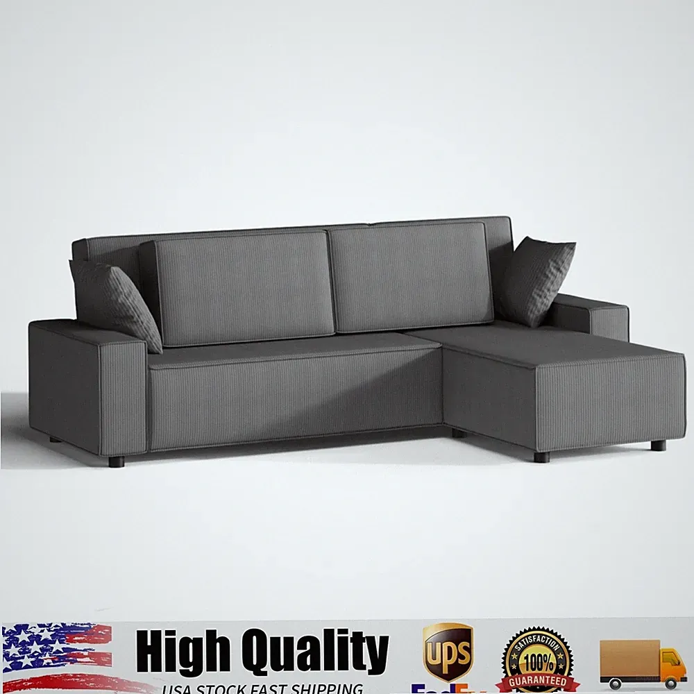 96" L-Shaped Sectional Sofa with Right Chaise, Modern Corduroy 3-Seater Couch