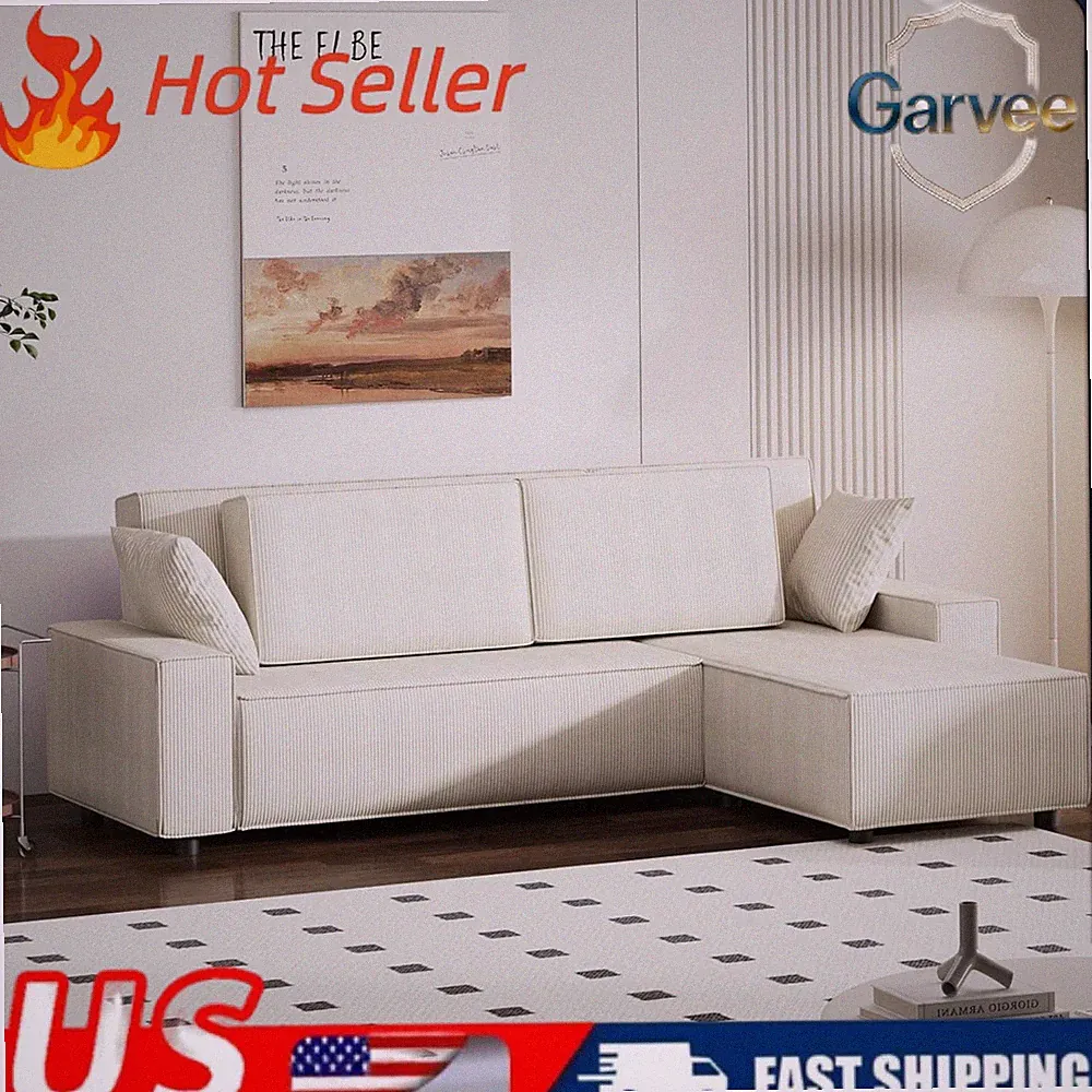 96" L Shaped Stripe Corduroy Cloud Couch Deep Seat Movable Ottoman Apartment