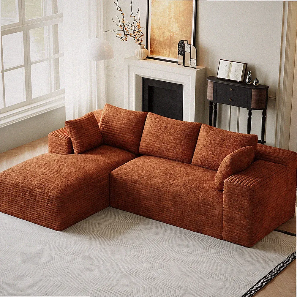 96" Plush Corduroy L Shaped Sectional Sofa Couch Chaise Modular No Slip Pads