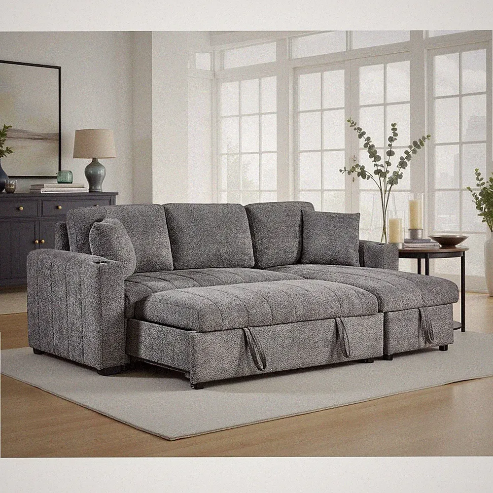 96'' Reversible Sleeper Sectional w/ USB, Storage Chaise, Gray Boucle