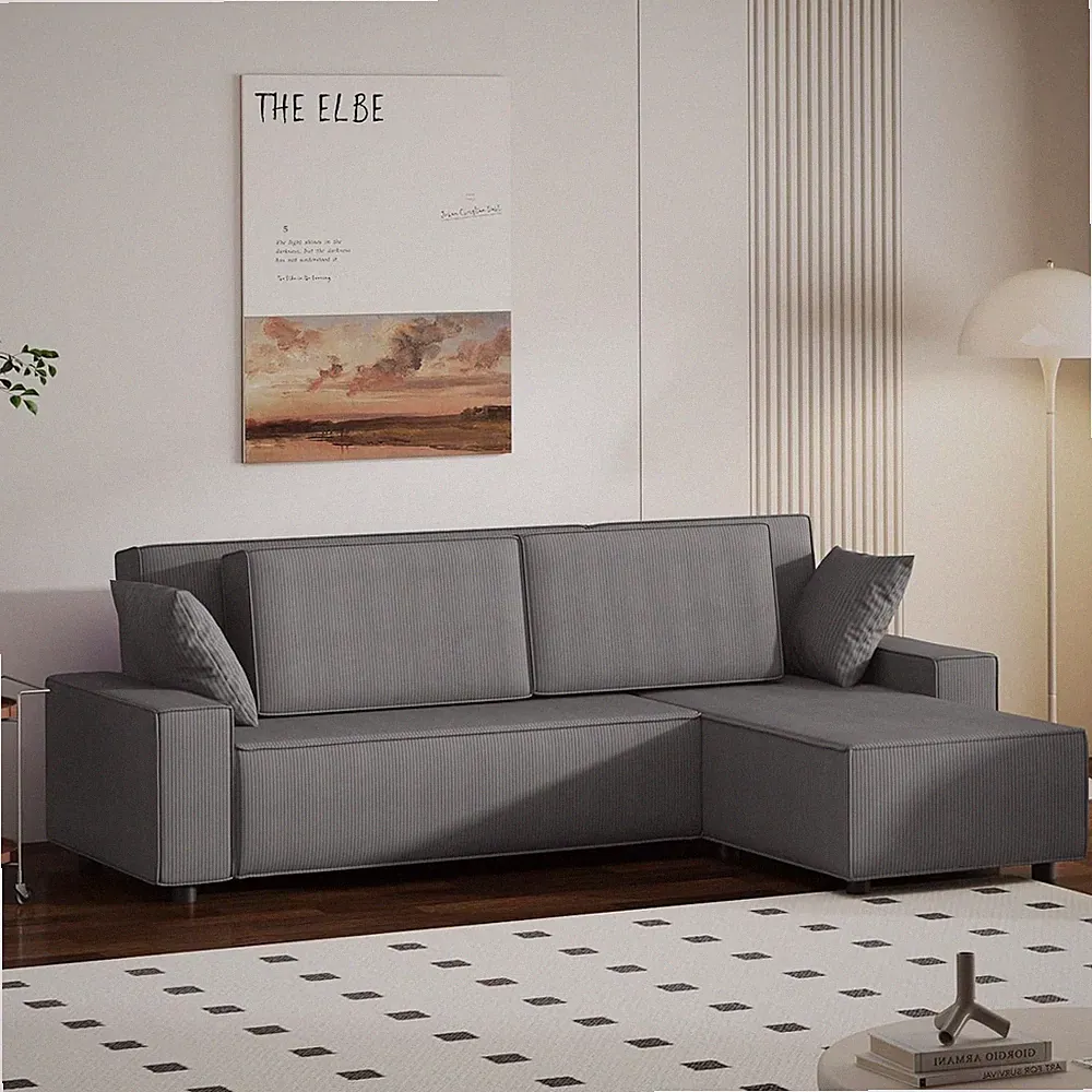 96' Modular Sectional Sofa L Shaped Stripe Corduroy Deep Seat Sofa Throw Pillows