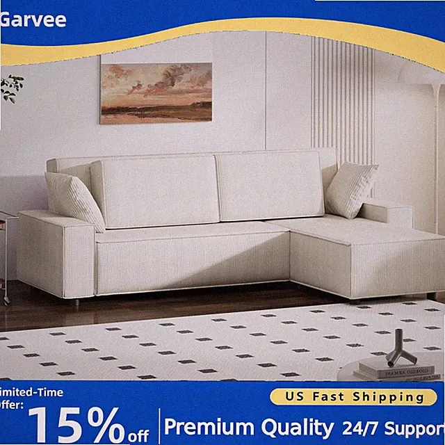 96" Stripe Corduroy Deep Seat L Shaped Cloud Couch Sofa Movable Ottoman