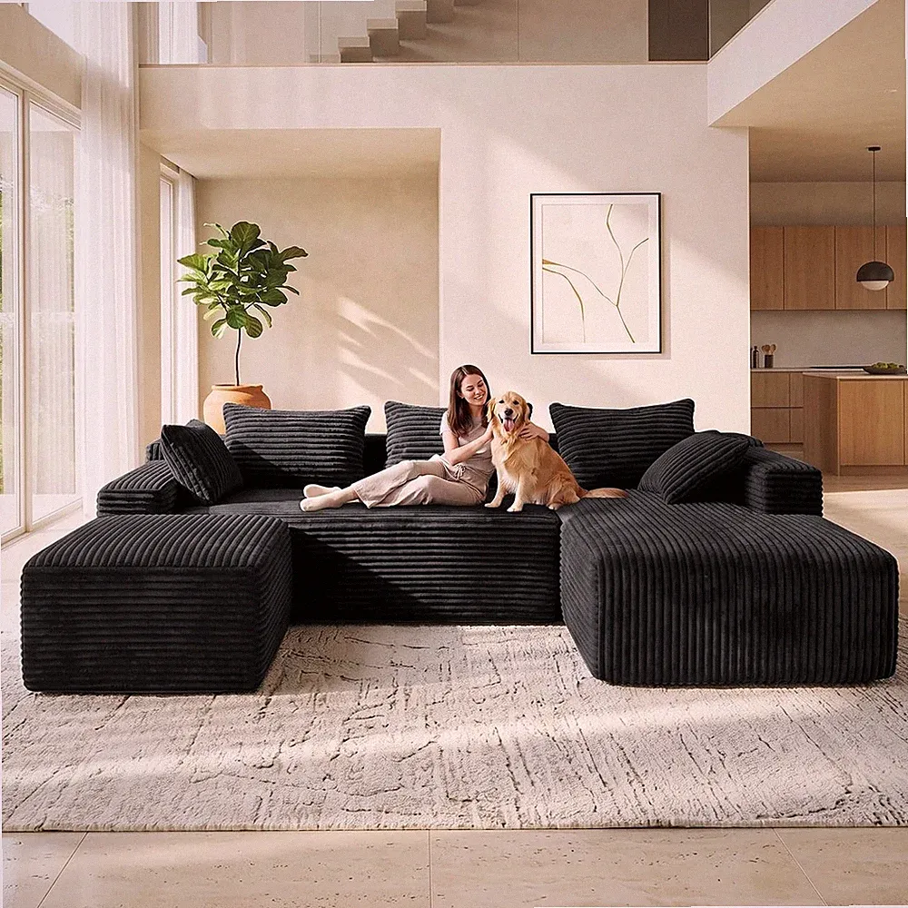 96''U Shaped Boneless Couch, U-Shape Corduroy Sectional Sofa, Black