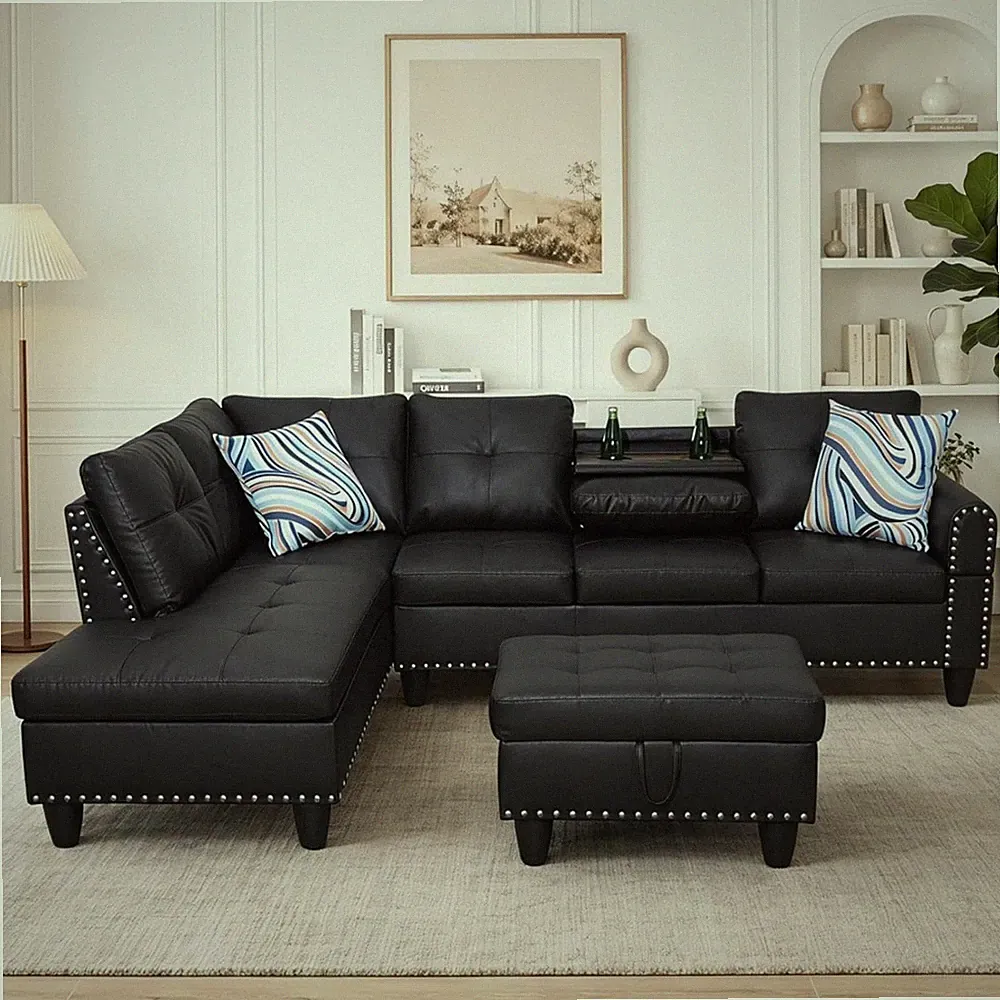 97.5" L-Shaped Modular Sectional Sofa with Movable Chaise & Storage Ottoman, 3 P