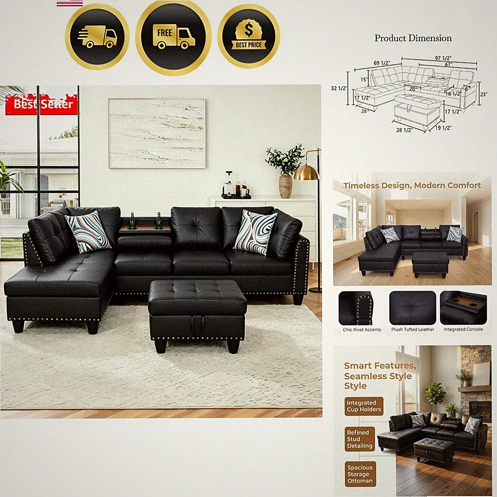 97.5" Leather L Shaped Couch with Left Chaise & Cup Holder, Sectional Sofas M...