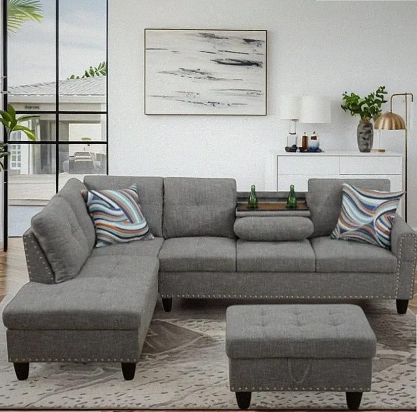 97.5" Linen L Shaped Couch with Left Chaise & Cup Holder, Sectional Sofas Modula