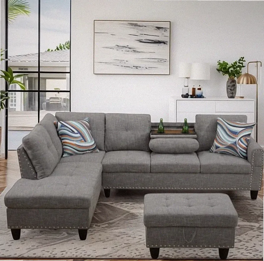 97.5" Linen L Shaped Couch with Left Chaise & Cup Holder, Sectional Sofas Modula