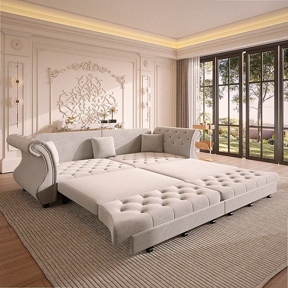97.6" Oversized Chesterfield Pull Out Sofa Bed Sleeper Sofa Couch Tufted Gray