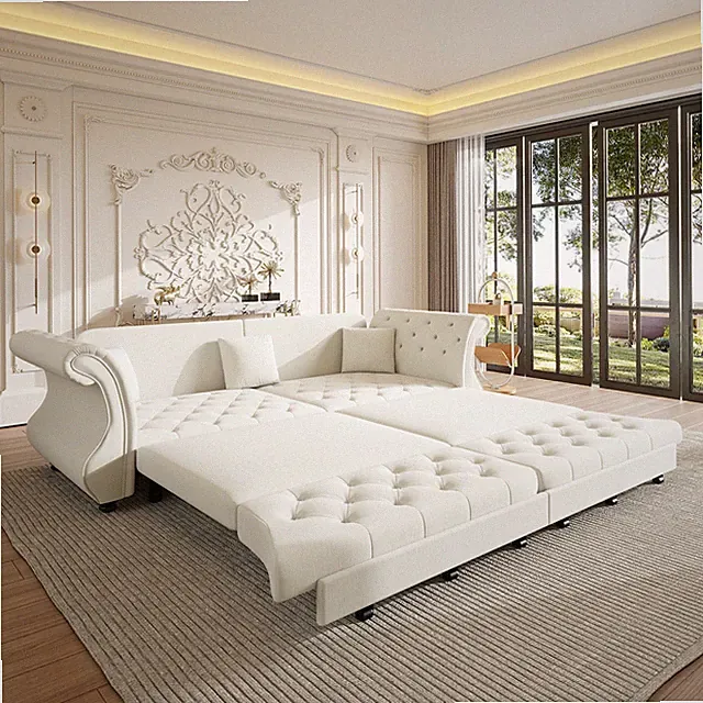 97.6" Oversized Sleeper Sofa Bed Chesterfield Pull Out Sofa Bed Beige Roll Arm
