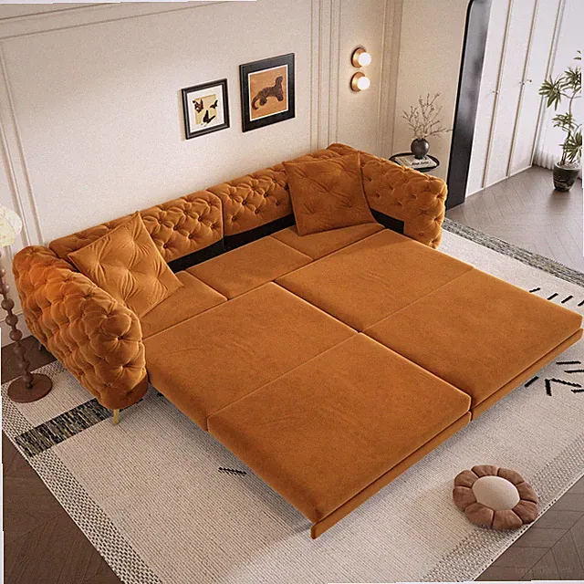 97.7" 3-in-1 Convertible Sleeper Sofa Bed Pull Out Couch Bed W/ Ottoman Orange