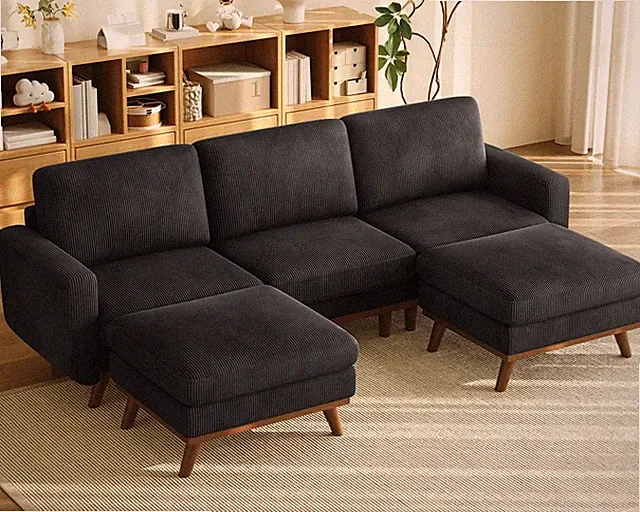97" Black Modular Sectional Sofa U-Shape Ottoman Corduroy Cushion Deep Seat