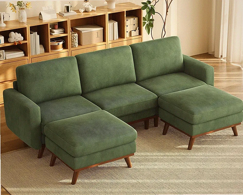 97" Green Modular Sectional Sofa U-Shaped Ottoman Corduroy Spring