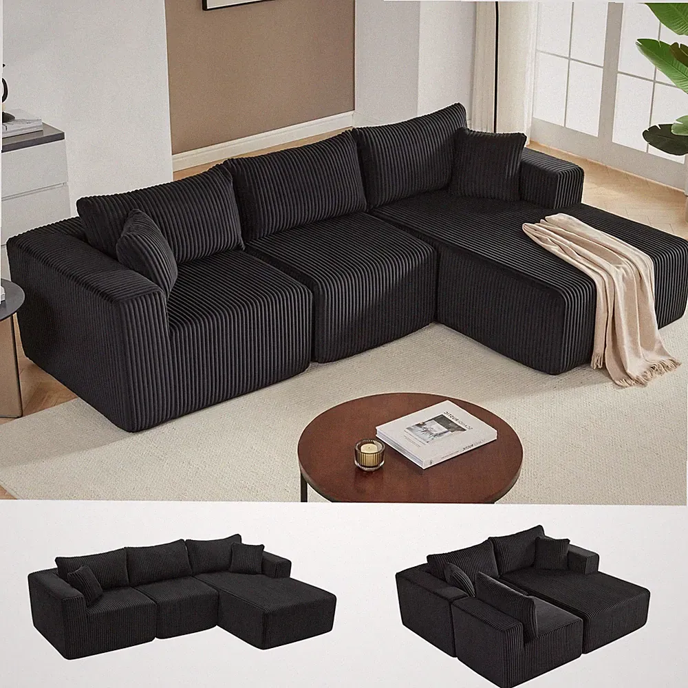 97 Inch Sectional L-Shaped Chaise Deep Seat Modular Corduroy Black No Assembly
