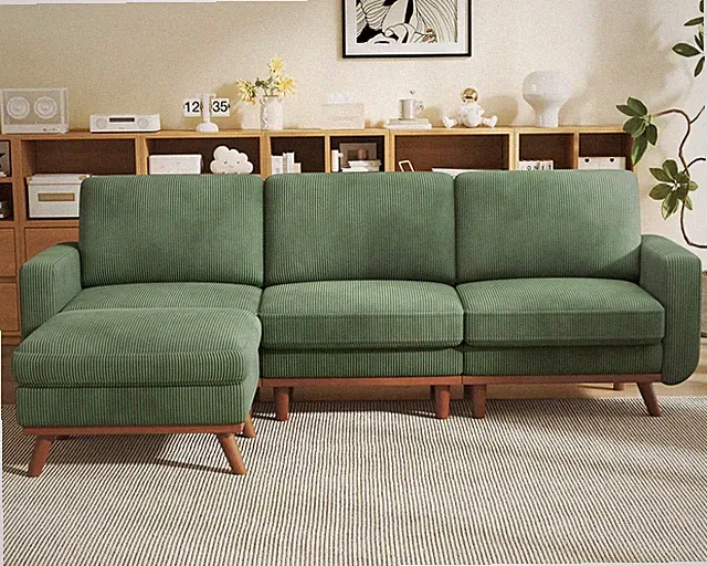 97" L-Shape 3-Seat Corduroy Sectional Sofa with Ottoman Green