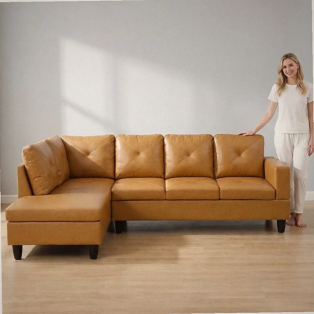 97" L Shape 4 Seat PU Faux Leather Sofa Chaise Lounge Glossy Ginger Right 2PCS