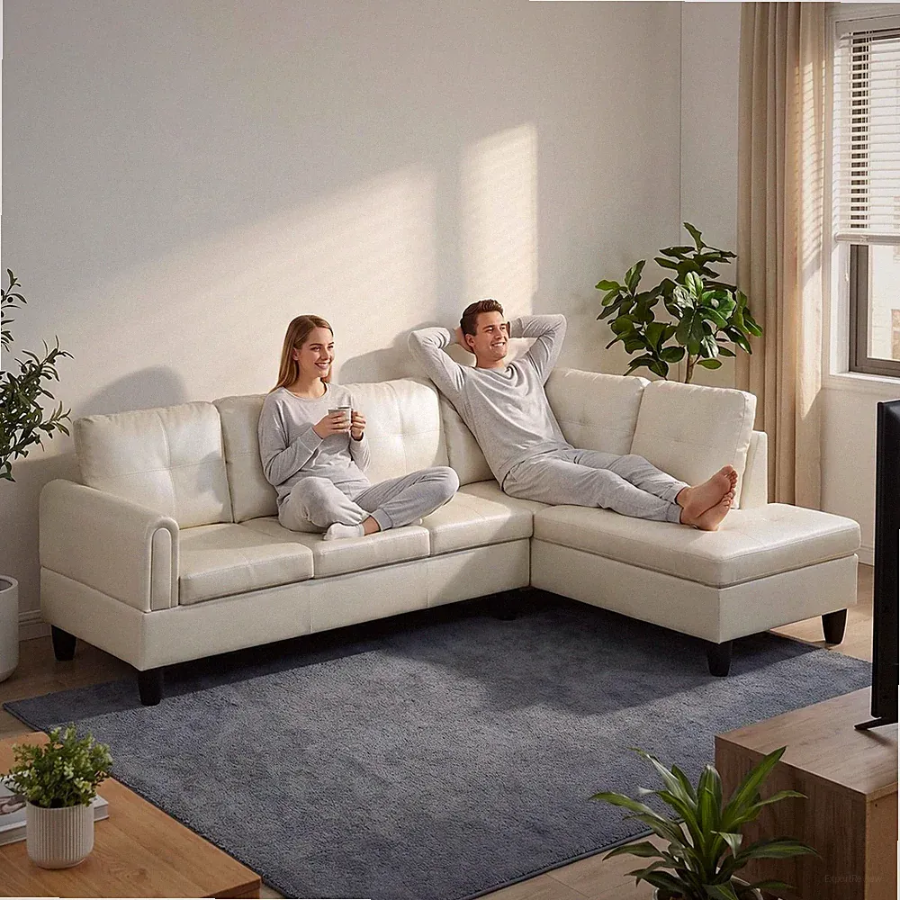 97 L Shape Sectional Couch PU Faux Leather Sofa w/Chaise Lounge White Left 2PCS