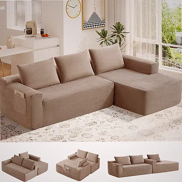 97" L Shaped Boneless Couches fo Living Room, Modular Sectional Sofa, Camel C...