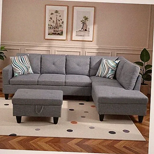 97" L Shaped Couches for Living Room, Sectional Couch Living Room Linen Grey-c