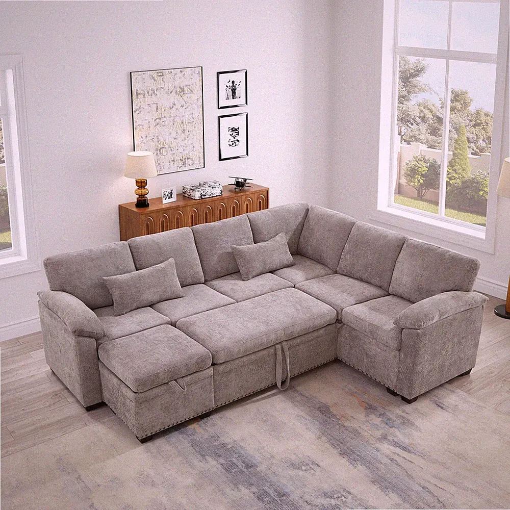 97" L-Shaped Sectional Sofa Bed with Storage Ottoman & 2 Pillows