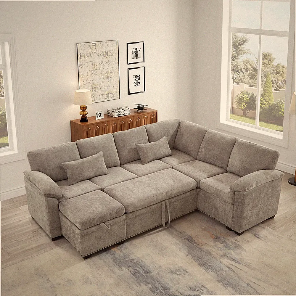 97" L-Shaped Sectional Sofa Bed with Storage Ottoman, Chenille 7-Seat Couch