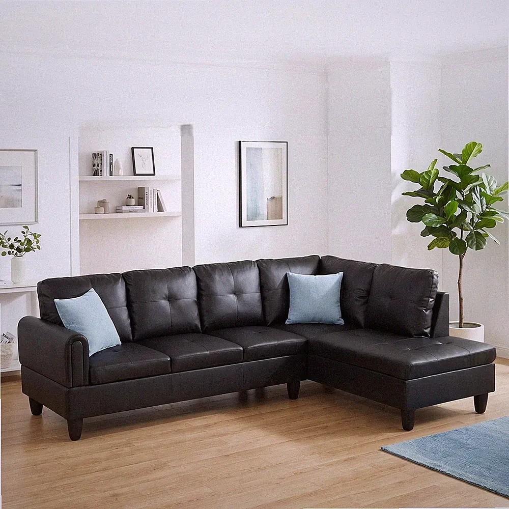 97" L Shaped Sectional Sofa w/Chaise PU Faux Leather Black Left 2PCS