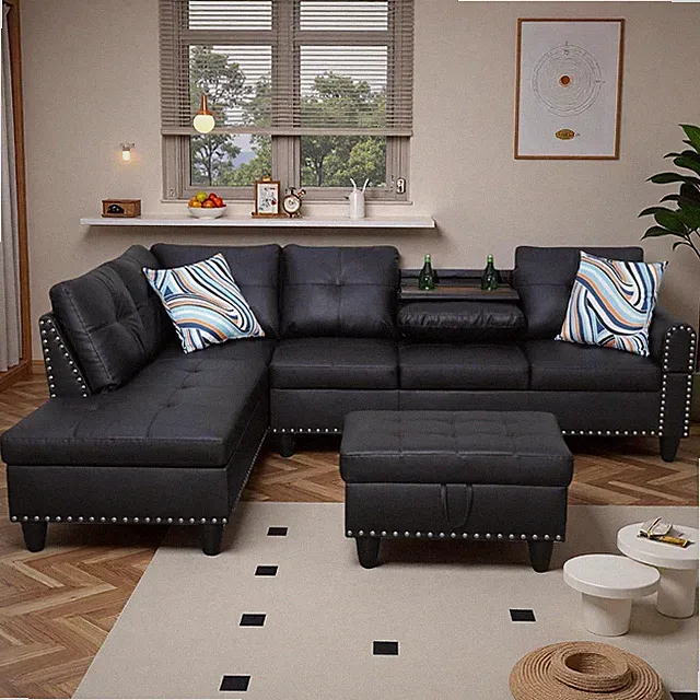 97" Leather 4-Seat L-Shaped Sectional Sofa with Cup Holders & Movable Chaise & S