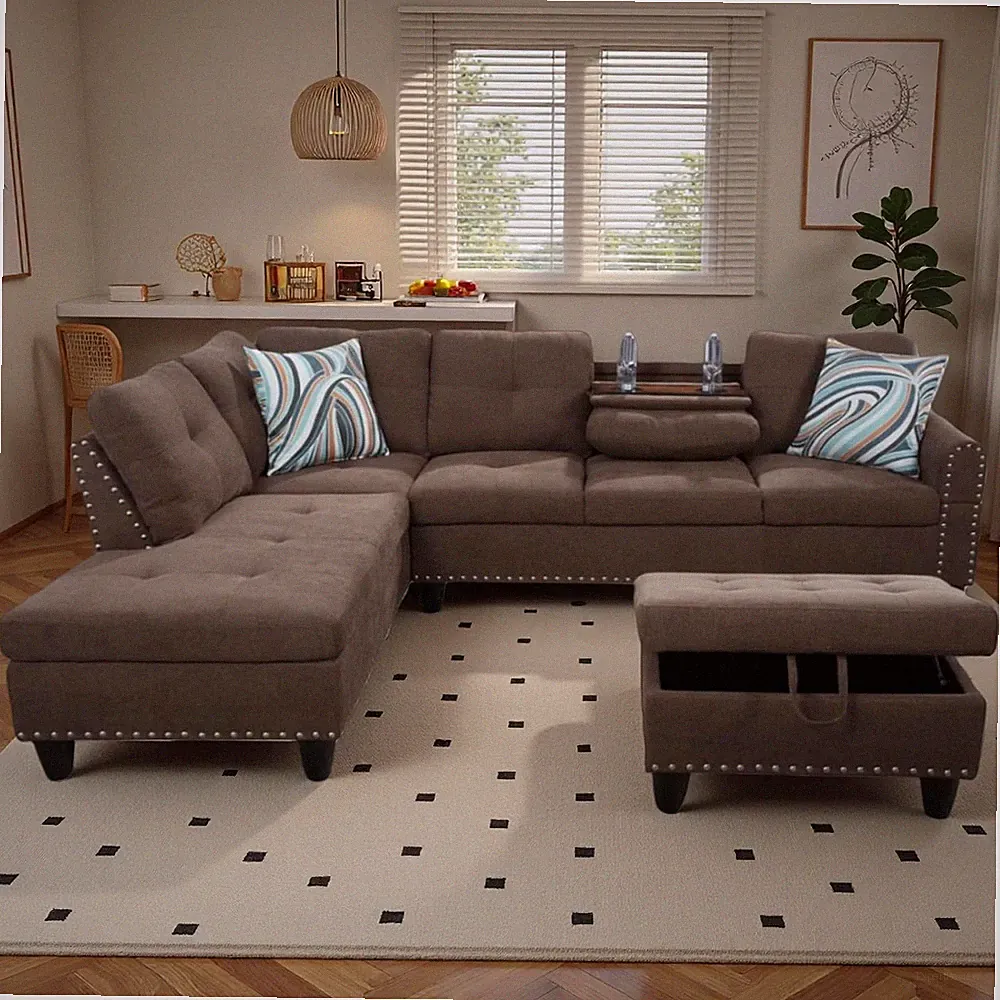 97" Linen 4-Seat L-Shaped Sectional Sofa with Cup Holders & Movable Chaise & Sto