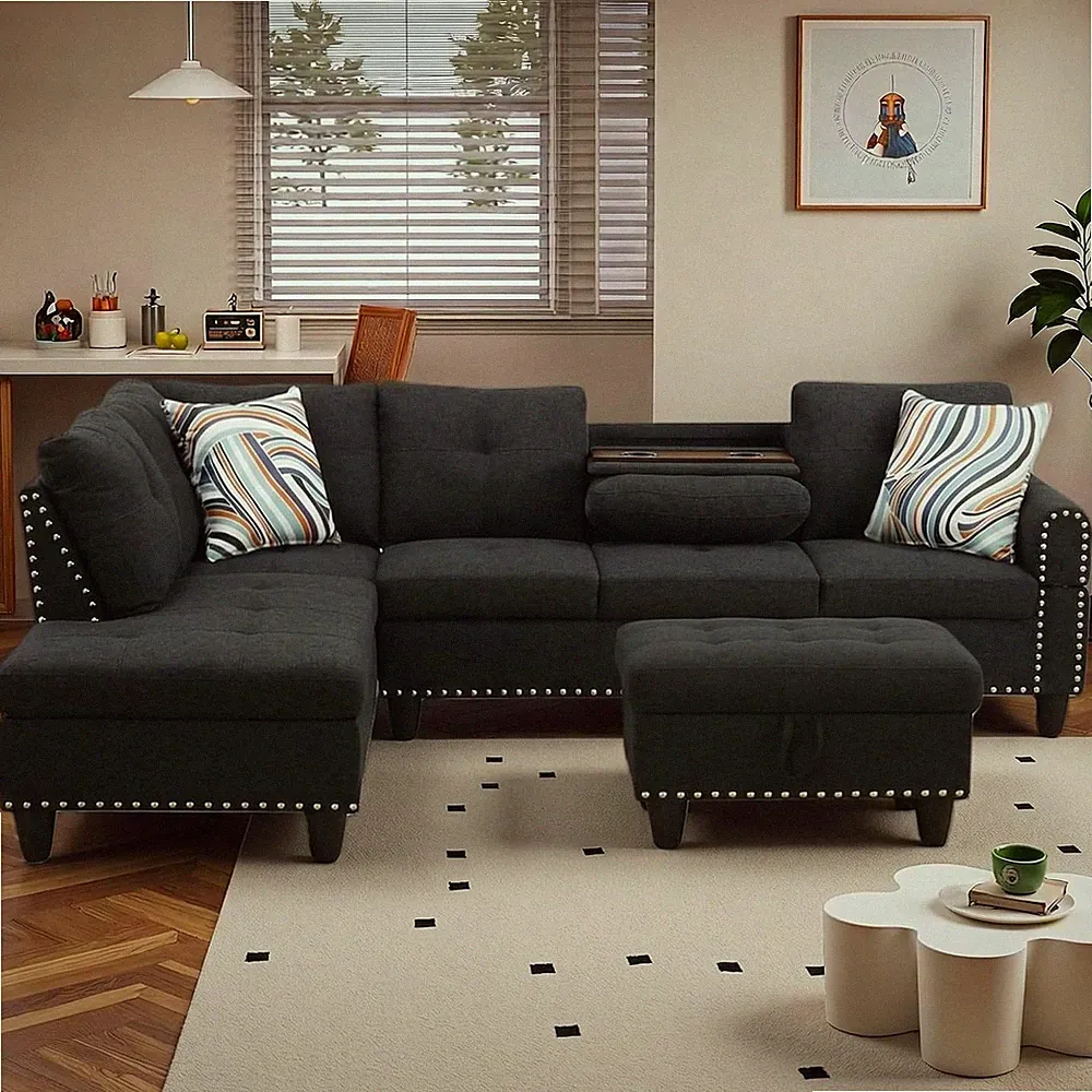 97" Linen 4-Seat L-Shaped Sectional Sofa with Cup Holders & Movable Chaise & Sto