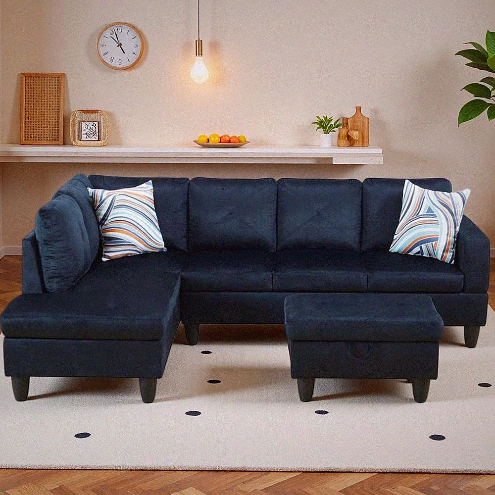97" Linen 4-Seat L-Shaped Sectional Sofa with Movable Chaise & Storage Ottoman