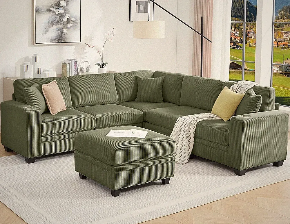 97" Modular Sectional Couch with Storage, Corduroy 6-Seater V Shaped Sofa with O