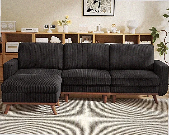 97" Modular Sectional Sofa Black L-Shaped Movable Ottoman Corduroy Deep Seat
