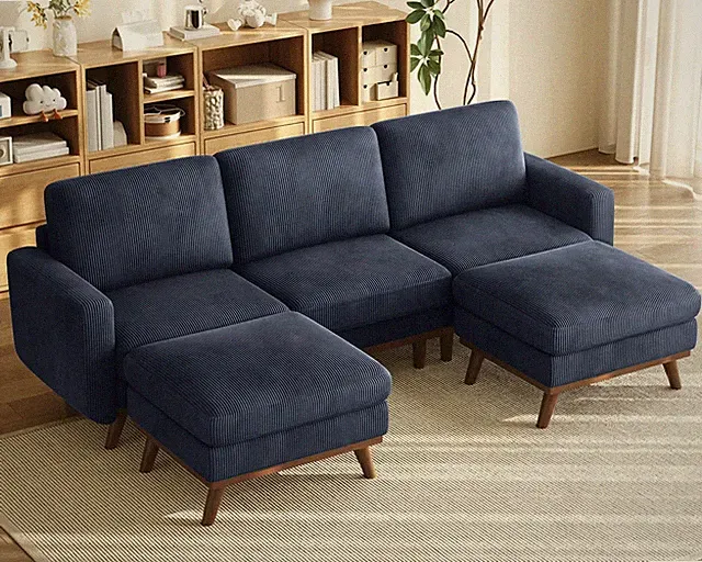 97 Modular Sectional Sofa Dark Blue U-Shaped Ottoman Corduroy Cushion Deep Seat
