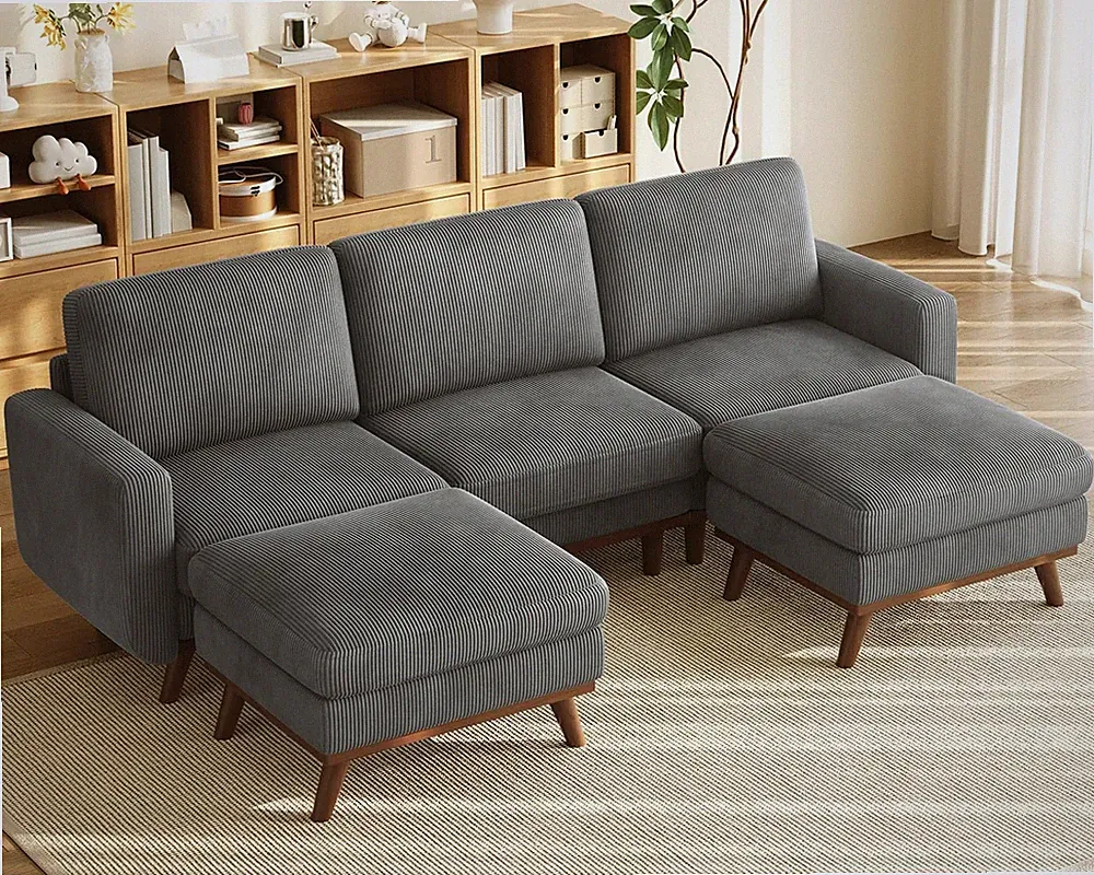 97" Modular Sectional Sofa Dark Gray Corduroy U-Shaped with Ottoman