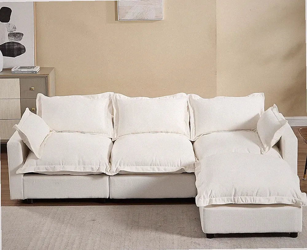 97" Modular Sectional Sofa with Moveable Ottoman Upholstered Deep Seat Linen Cou