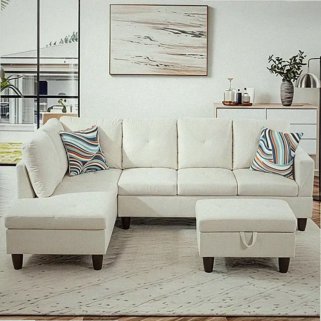97" White L-Shaped Flannel Couch with Storage Ottoman for Small Spaces