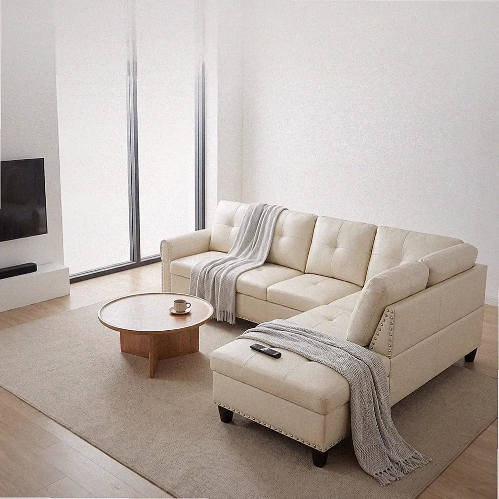 97in L Shape Sectional Sofa w/ Ottoman Chaise PU Leather 4-Seater White LH 2PCS
