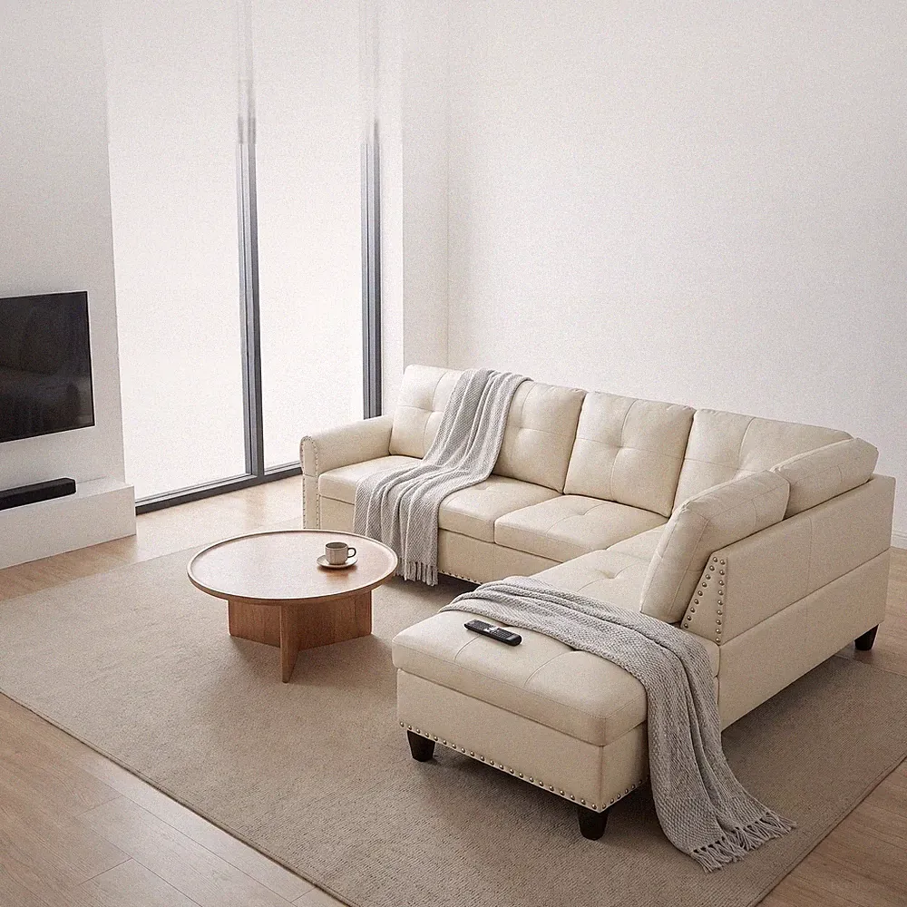 97in L Shape Sectional Sofa w/ Ottoman Chaise PU Leather 4-Seater White LH 2PCS